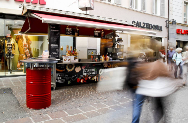 Traditional sausage stand in the heart of Bolzano’s old town